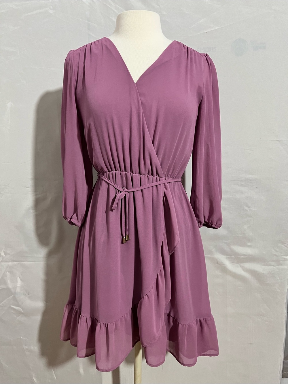 Maurices Mauve Wrap-Front Long Sleeve Ruffle Hem Dress